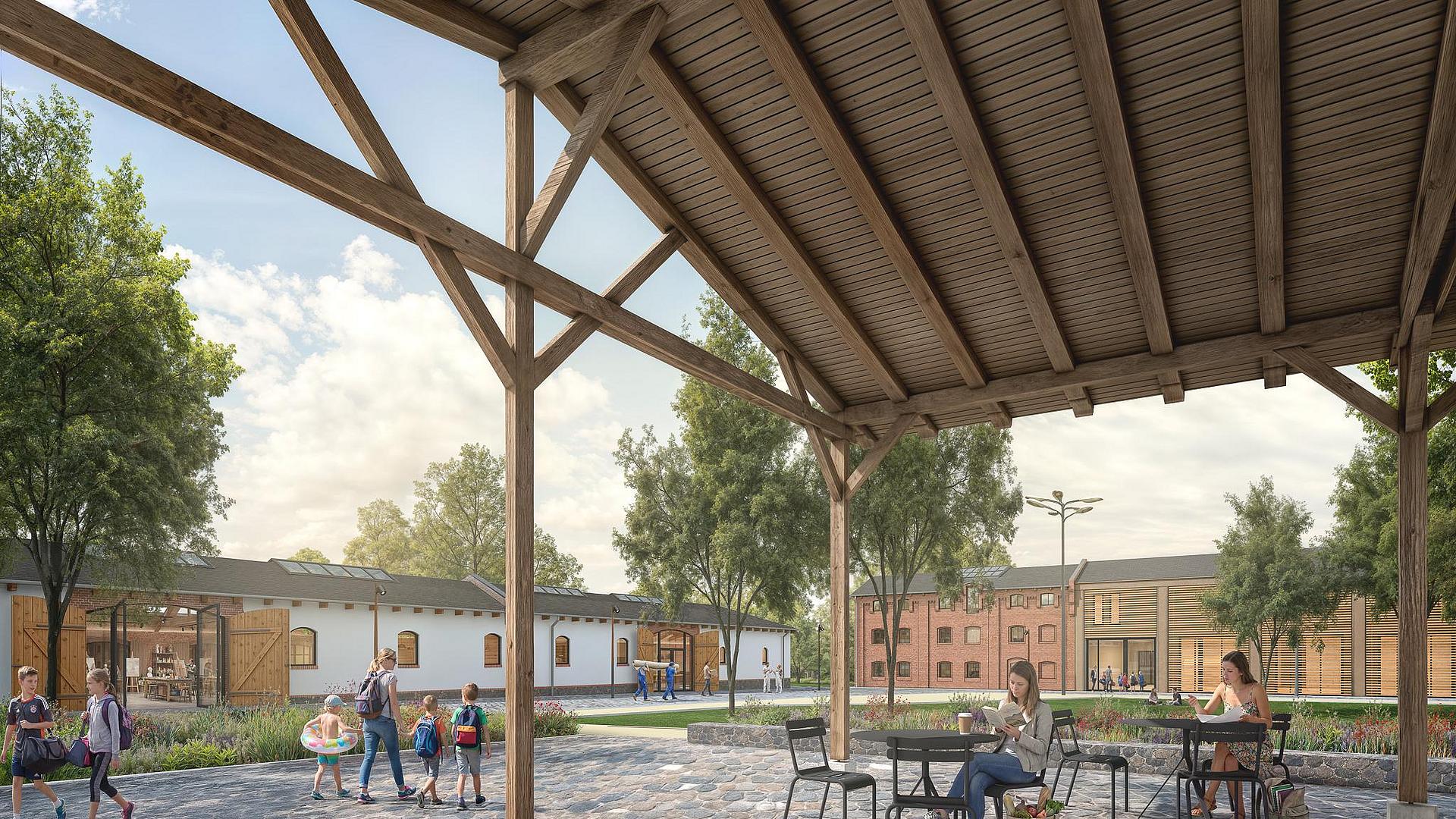 Die Visualisierung zeigt eine denkmalgerecht sanierte Scheune (links) sowie den ehemaligen Speicher (rechts) ergänzt um einen Neubau.