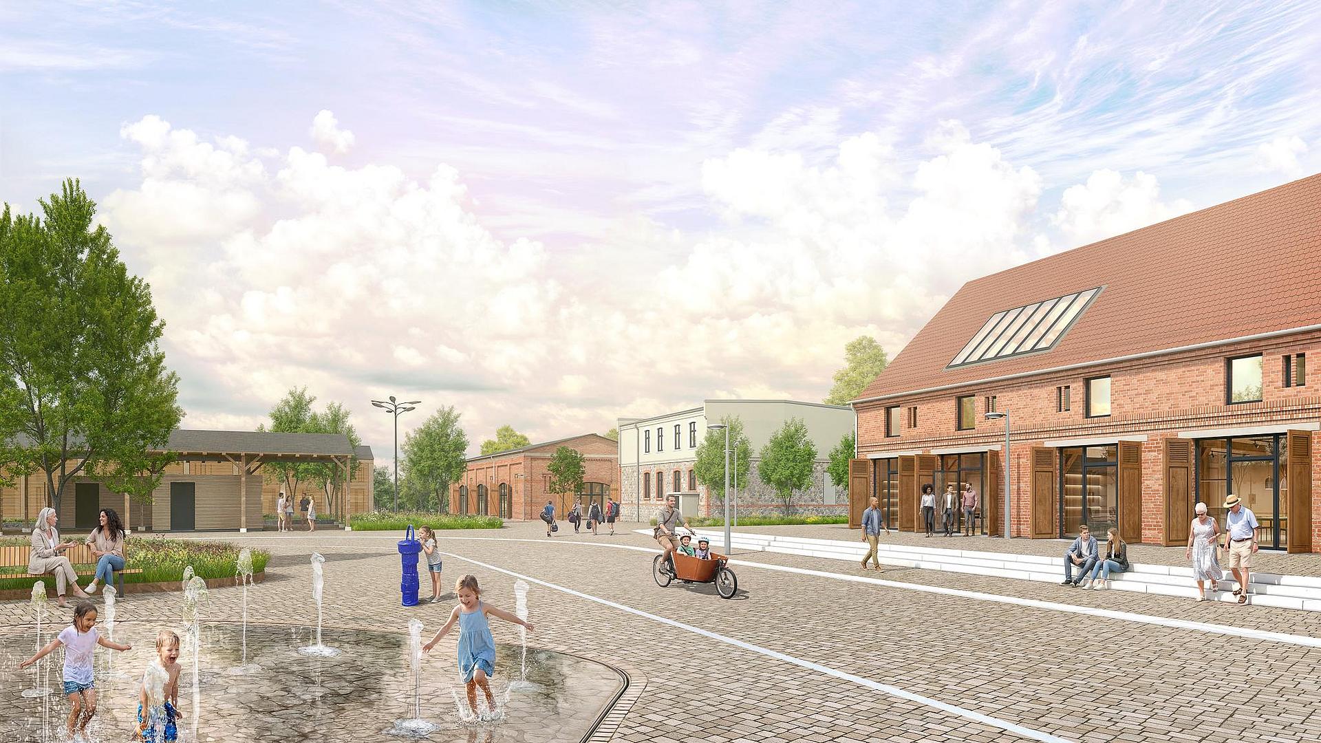 Die Visualisierung zeigt wie der ehemalige Pferdestall, das Maschinenhaus sowie Kuhstall und Scheune (rechts im Bild) künftig aussehen werden.