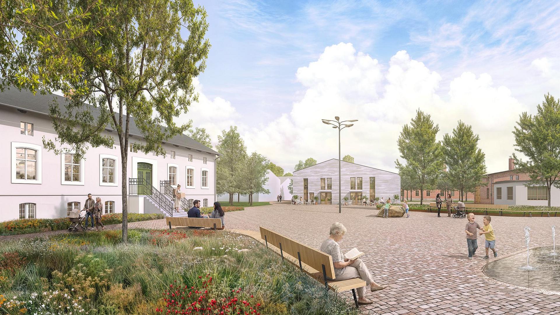 Die Visualisierung zeigt das denkmalgerecht sanierte Gutshaus (links), einen Neubau (mittig) und den Stadtplatz mit Wasserspiel aus westlicher Richtung.